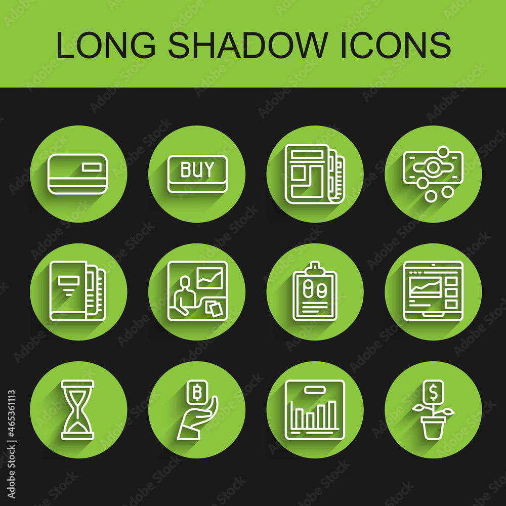 Set line Old hourglass, Hand holding Bitcoin, Credit card, Pie chart infographic, Dollar plant, Trading courses, and Business finance report icon. Vector Set line Old hourglass, Hand holding Bitcoin, Credit card, Pie chart infographic, Dollar plant, Trading courses, and Business finance report icon. Vector