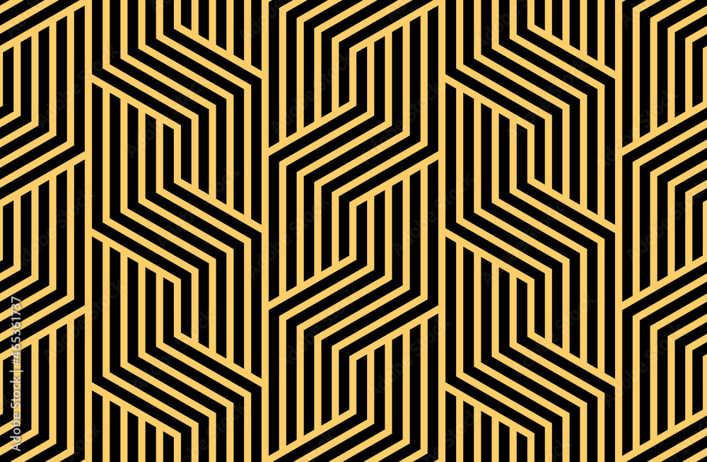 Abstract geometric pattern with stripes, lines. Seamless vector background. Gold and black ornament. Simple lattice graphic design Abstract geometric pattern with stripes, lines. Seamless vector background. Gold and black ornament. Simple lattice graphic design