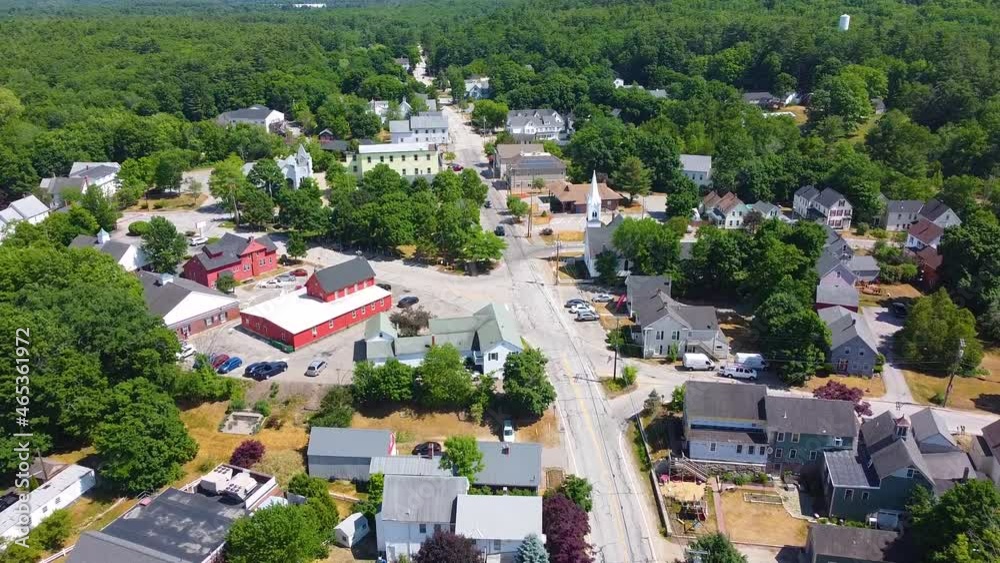 Raymond town center aerial view including Town Hall, Lyman Memorial