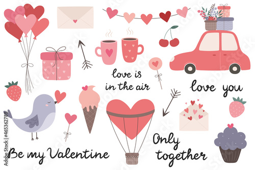 Valentine's Day set: love elements, a car with gifts, balloons, a bird holding a heart, an envelope, mugs, cupcake, ice cream. Suitable for stickers, party invitations, greeting cards, posters