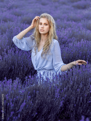 Fototapeta Naklejka Na Ścianę i Meble -  Beautiful girl on the lavender field. Fashion and Style.  French provence. Summer photo session.