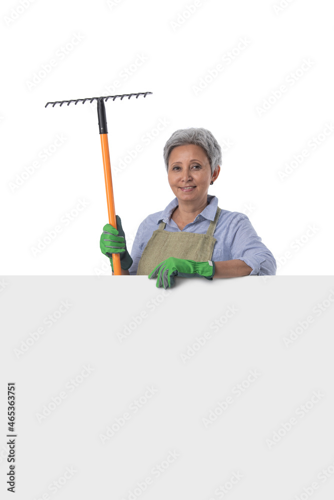 Woman gardener with blank banner