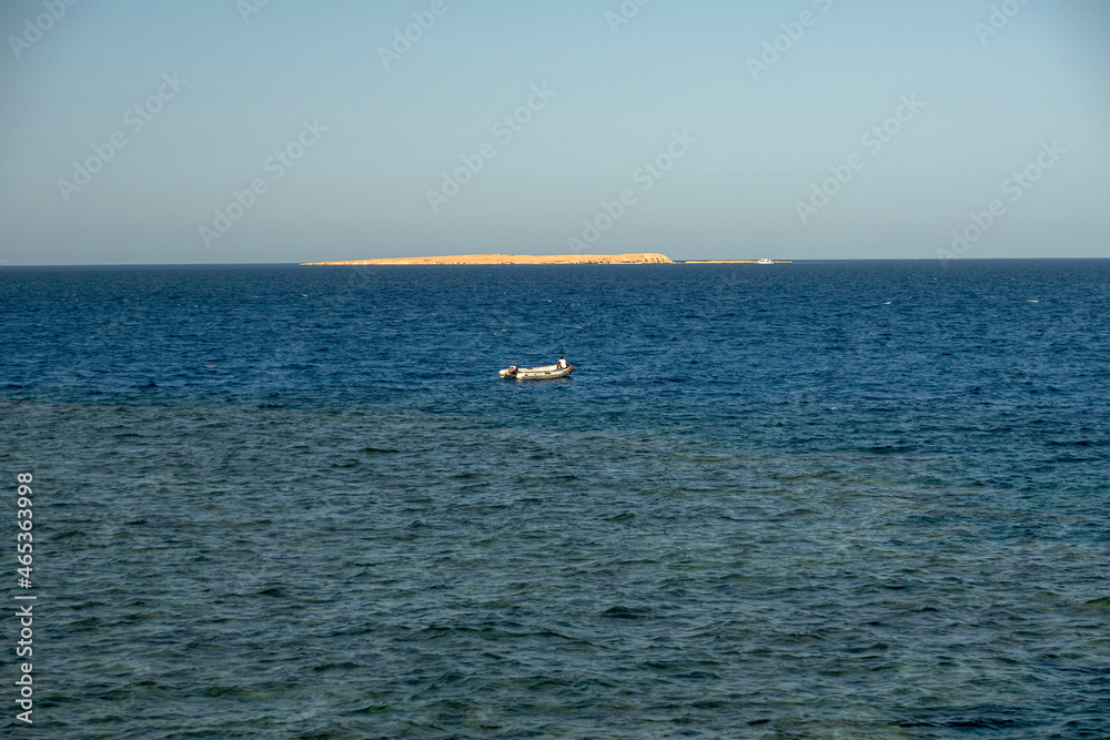 A lone zodiac boat in the Red Sea, Egypt