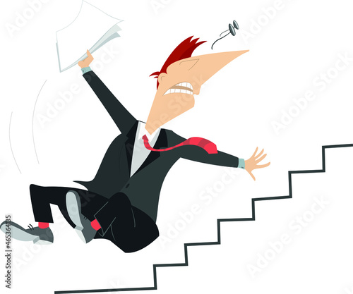Business man falling down the stairs illustration. 
Cartoon man with papers in the hand falls down the stairs and lost glasses on white background

