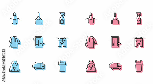 Set line Cleaning lady service, Garbage truck, Kitchen apron, Trash can, for window, Drying clothes, and Dustpan icon. Vector