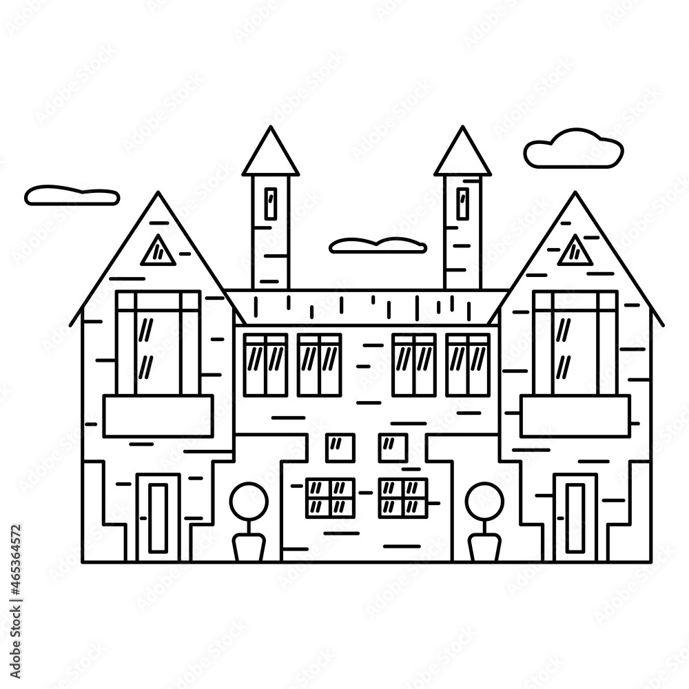 Fototapeta premium Two-storey cottage for two owners with a separate entrance. Classic design. Vector complex icon with detail, offline, isolated.