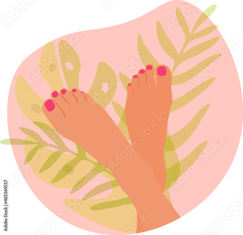 Well-groomed feet with a pedicure on a background of tropical leaves, vector