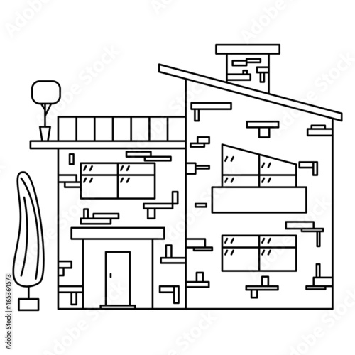 A two-storey residential building with an open large balcony and a sloping roof. Vector complex icon with detail, offline, isolated.