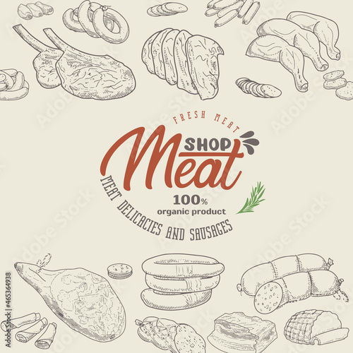 Set of meat products and meat delicacies. Sausages, ham, bacon, lard, salami in sketch style.