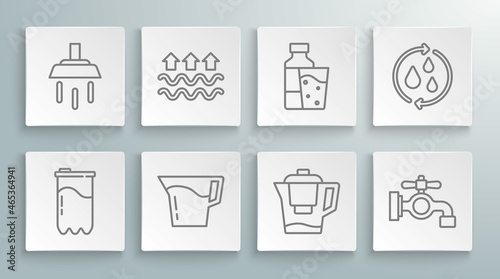Set line Water filter cartridge, Waves of water and evaporation, Jug glass with, jug, tap, Bottle, Recycle clean aqua and Shower icon. Vector