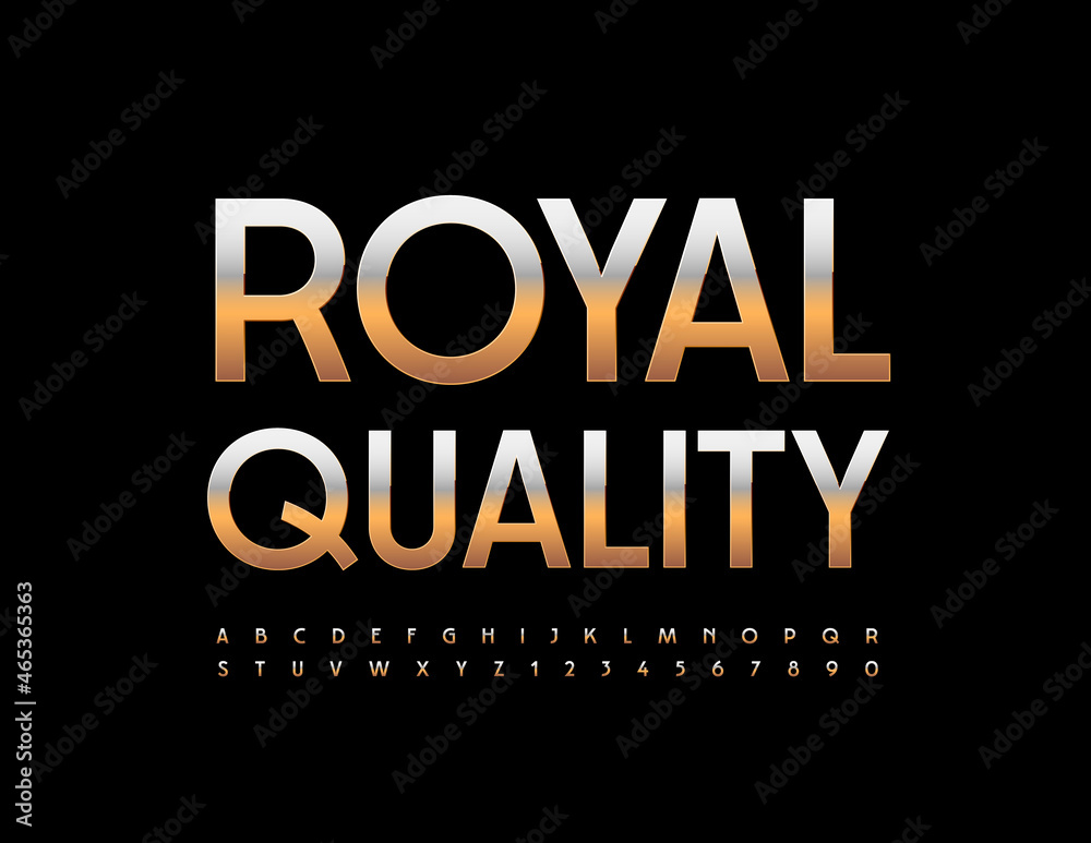 Vector business emblem Royal Quality. Elegant metallic Font. Golden Alphabet Letters and Numbers set Vector business emblem Royal Quality. Elegant metallic Font. Golden Alphabet Letters and Numbers set