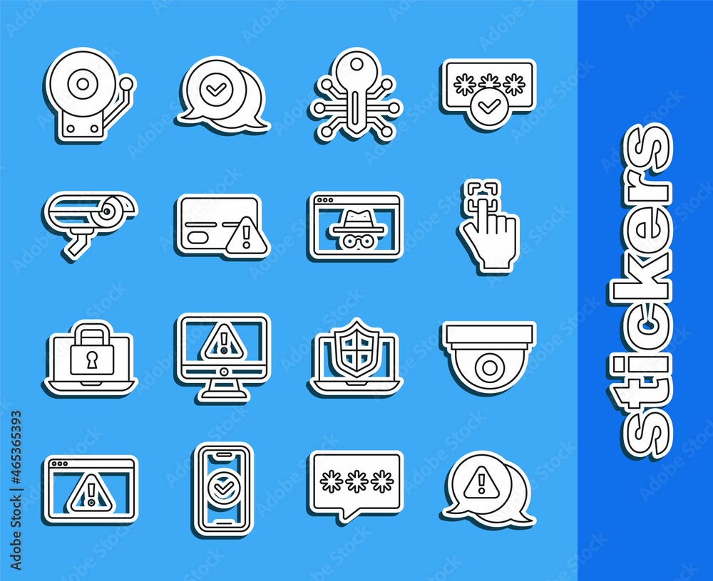 Set line Exclamation mark in triangle, Security camera, Fingerprint, Smart key, Credit card, Ringing alarm bell and Browser incognito window icon. Vector Set line Exclamation mark in triangle, Security camera, Fingerprint, Smart key, Credit card, Ringing alarm bell and Browser incognito window icon. Vector
