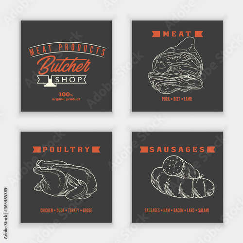 A set of meat products on a blackboard with chalk. Sausages, ham, bacon, lard, salami in sketch style.