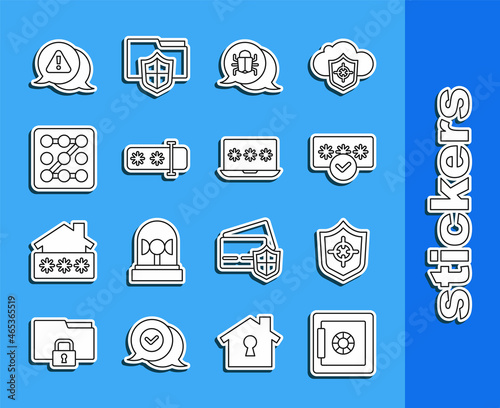 Set line Safe, Shield, Password protection, System bug, Graphic password, Exclamation mark in triangle and Laptop with icon. Vector