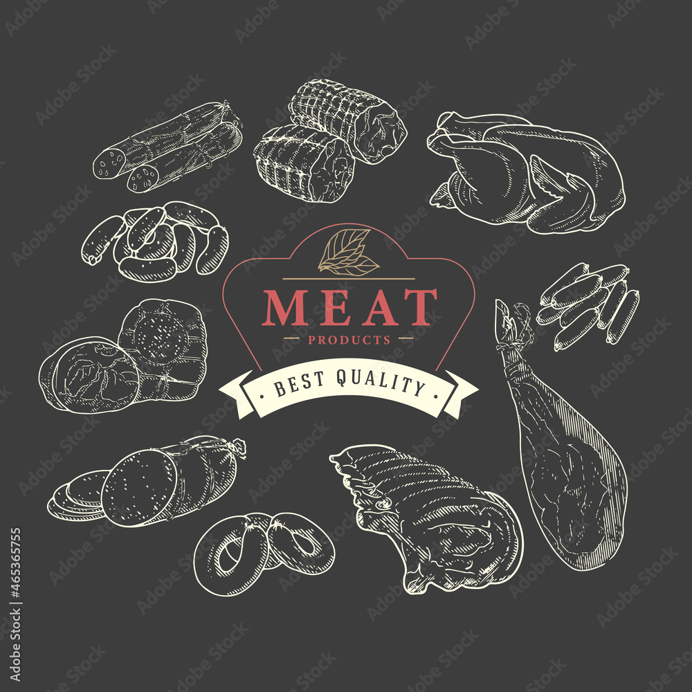 A set of meat products on a blackboard with chalk. Sausages, ham, bacon, lard, salami in sketch style. A set of meat products on a blackboard with chalk. Sausages, ham, bacon, lard, salami in sketch style.