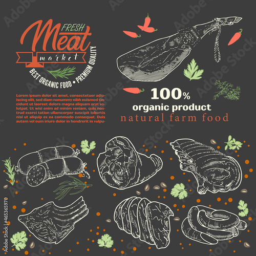 A set of meat products on a blackboard with chalk. Sausages, ham, bacon, lard, salami in sketch style.