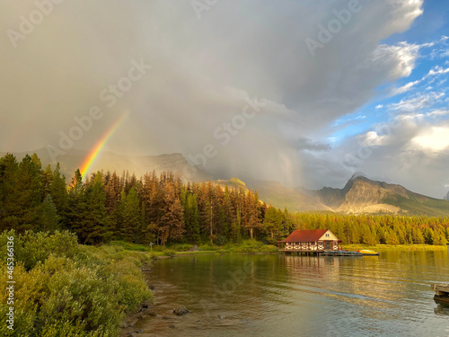 rainbow over lake in Jasper, Canada