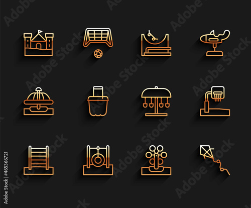 Set line Swedish wall, Car tire hanging on rope, Sand castle, Ferris wheel, Kite, bucket, Basketball backboard and Attraction carousel icon. Vector