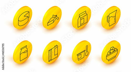 Set line Cottage cheese, Yogurt container with spoon, Paper package for kefir, Bottle milk, Milk jug pitcher, Butter butter dish and Cheese icon. Vector
