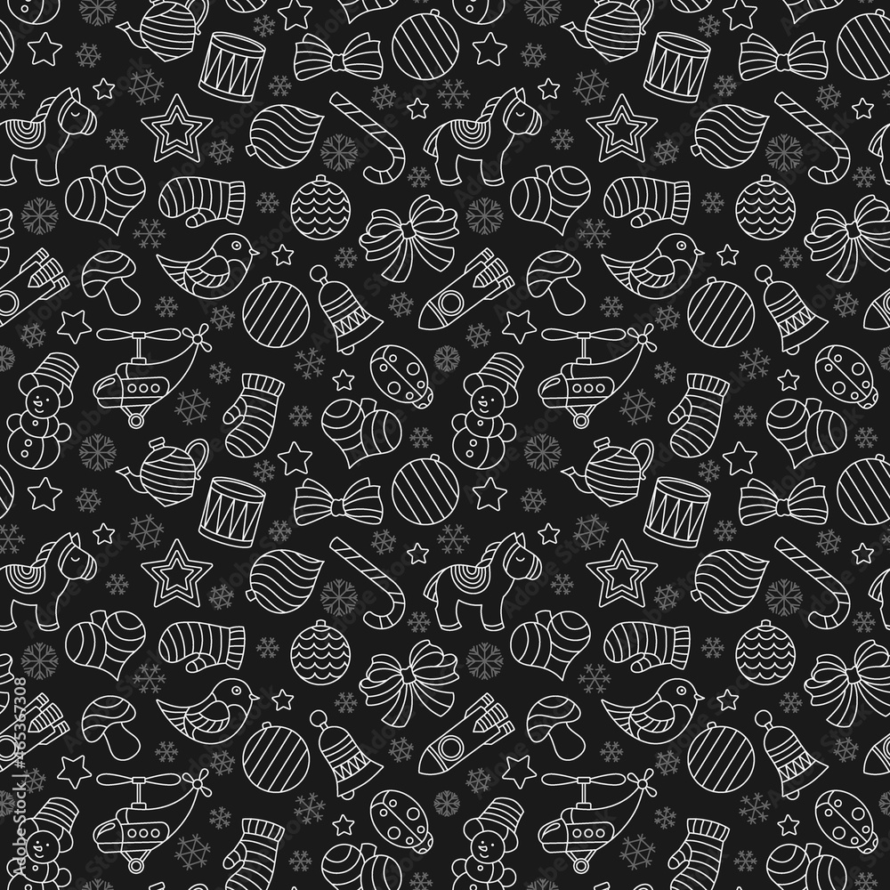 Seamless pattern on the theme of New year and Christmas, light contour Christmas tree toys and snowflakes on a dark background Seamless pattern on the theme of New year and Christmas, light contour Christmas tree toys and snowflakes on a dark background