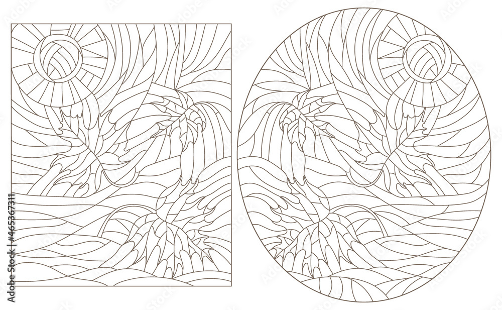 A set of contour illustrations in the style of stained glass with maple leaves on a sky background, dark contours on a white background