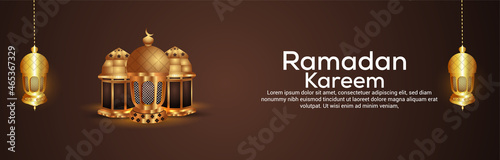 Creative vector illustration of ramadan kareem celebration banner with golden lantern
