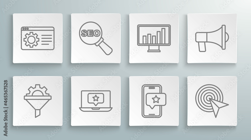 Set line Sales funnel with gear, SEO optimization, Laptop star, Mobile review rating, Target, Monitor graph chart, Megaphone and Browser setting icon. Vector Set line Sales funnel with gear, SEO optimization, Laptop star, Mobile review rating, Target, Monitor graph chart, Megaphone and Browser setting icon. Vector