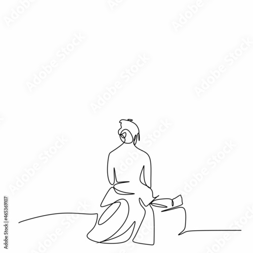 a line drawing of a depressed woman with confused thoughts in her head. A young lady is sitting on a bench. Minimalist style. The concept of the psychology of loneliness. Print on T-shirts, notebooks