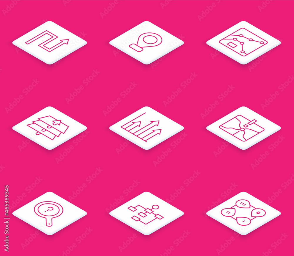 Set line Arrow, Location, Graph, chart, diagram, Layers, Pie infographic, Intersection point, Unknown search and Hierarchy organogram icon. Vector Set line Arrow, Location, Graph, chart, diagram, Layers, Pie infographic, Intersection point, Unknown search and Hierarchy organogram icon. Vector