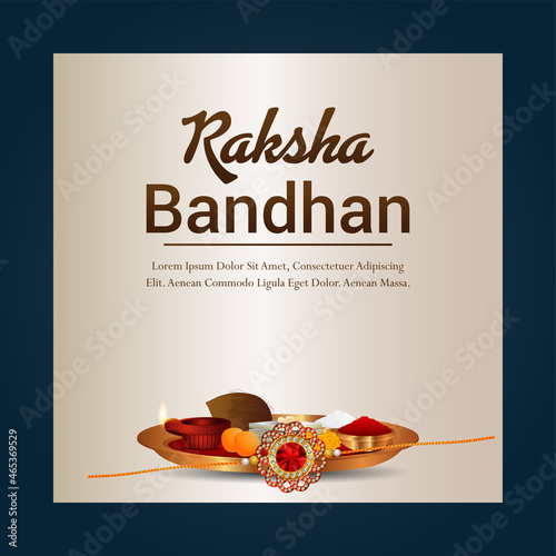 Raksha bandhan celebration greeting card with crystal rakhi and pooja thali