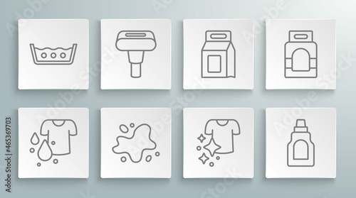 Set line Dirty t-shirt, Garment steamer, Water spill, Drying clothes, Bottle for cleaning agent, Laundry detergent, and Temperature wash icon. Vector