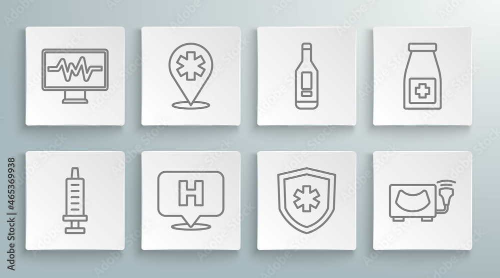 Set line Syringe, Location hospital, Life insurance, Ultrasound, Digital thermometer, Medicine bottle and pills and Monitor with cardiogram icon. Vector Set line Syringe, Location hospital, Life insurance, Ultrasound, Digital thermometer, Medicine bottle and pills and Monitor with cardiogram icon. Vector
