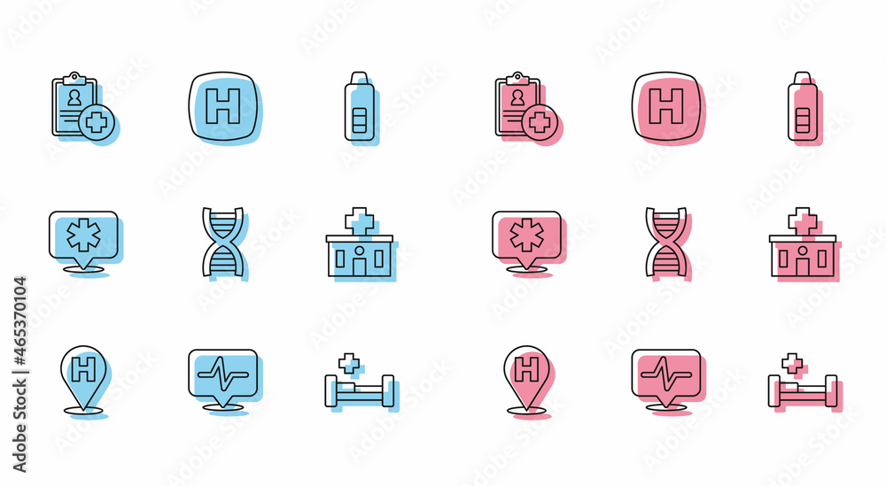 Set line Location hospital, Heart rate, Patient record, Hospital bed, DNA symbol, building, and signboard icon. Vector Set line Location hospital, Heart rate, Patient record, Hospital bed, DNA symbol, building, and signboard icon. Vector