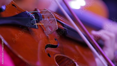 Closeup of a violin and hand with a bow. Symphony Orchestra. Violinists' performing. Classical music