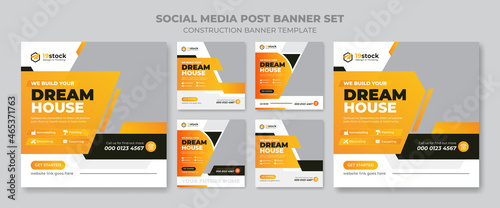 Set Of Construction renovation promotion social media post and web banner template, Corporate Business Construction advertisement cover banner design layout 
