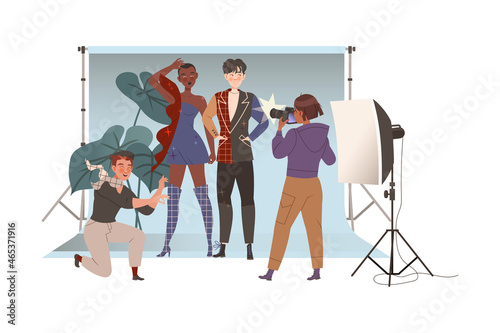 Man Fashion Designer or Tailor Fitting Clothing Garment of Model Posing for Camera Vector Illustration