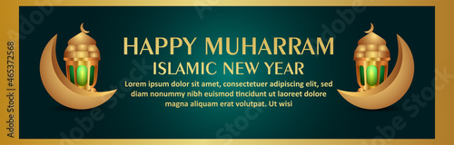Islamic festival happy muharram celebration banner with golden moon and lantern