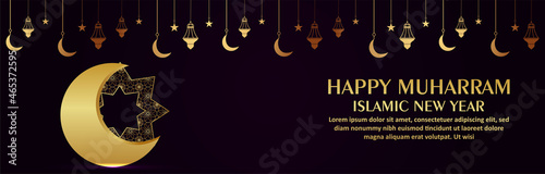 Happy muharram celebration banner or header with golden moon