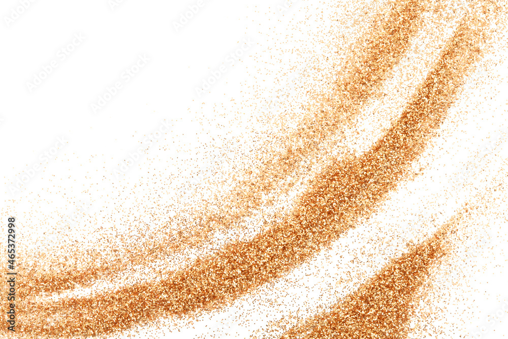 Gold and bronze glitter color confetti dots wave on white. Abstract glow shiny background.