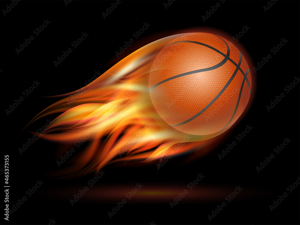 Fototapeta premium Flaming Basketball Ball. Basketball Ball flying in fire on dark background.