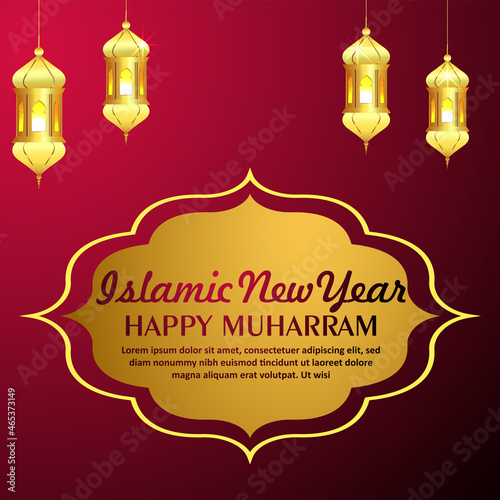 Happy muharram celebration greeting card with golden lantern on red background