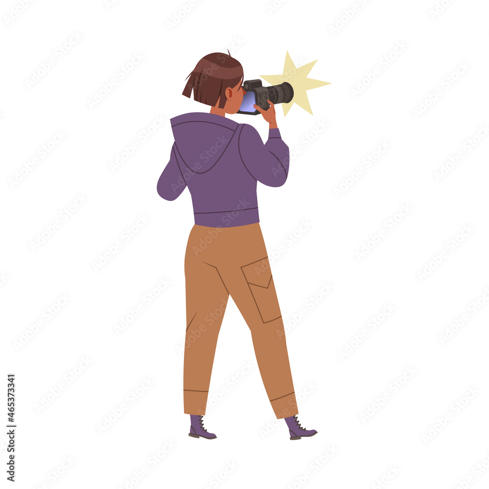 Woman Photographer Shooting with Professional Camera in Studio Vector Illustration Woman Photographer Shooting with Professional Camera in Studio Vector Illustration