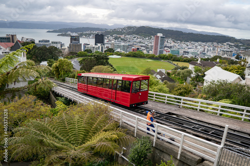 Wellington's famous cable car goes up towards the Wellington Observatory in Wellington, New Zealand