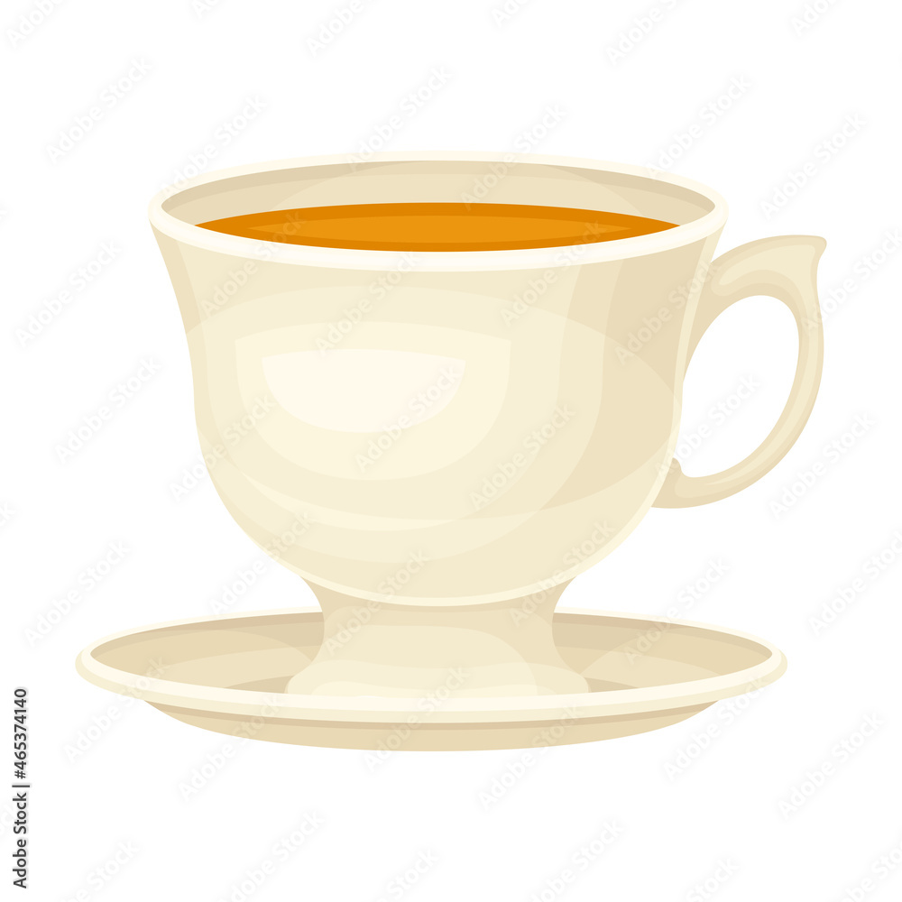 Tea Cup on Saucer with Hot Aromatic Beverage Poured with Boiling Water for Brewing Closeup Vector Illustration Tea Cup on Saucer with Hot Aromatic Beverage Poured with Boiling Water for Brewing Closeup Vector Illustration