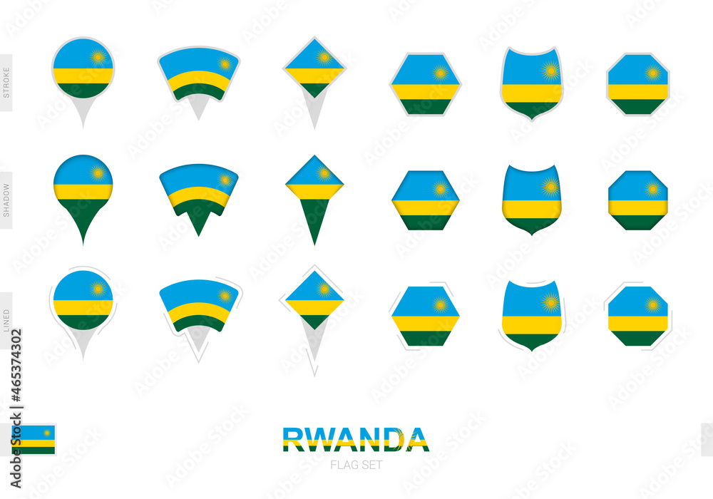 Collection of the Rwanda flag in different shapes and with three different effects.