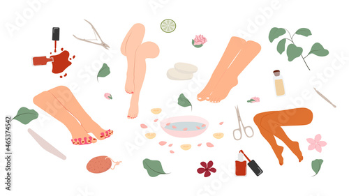 Set of illustrations. Female feet with pedicure, pedicure tools, flowers. Cosmetic procedures. Foot and nail skin care.