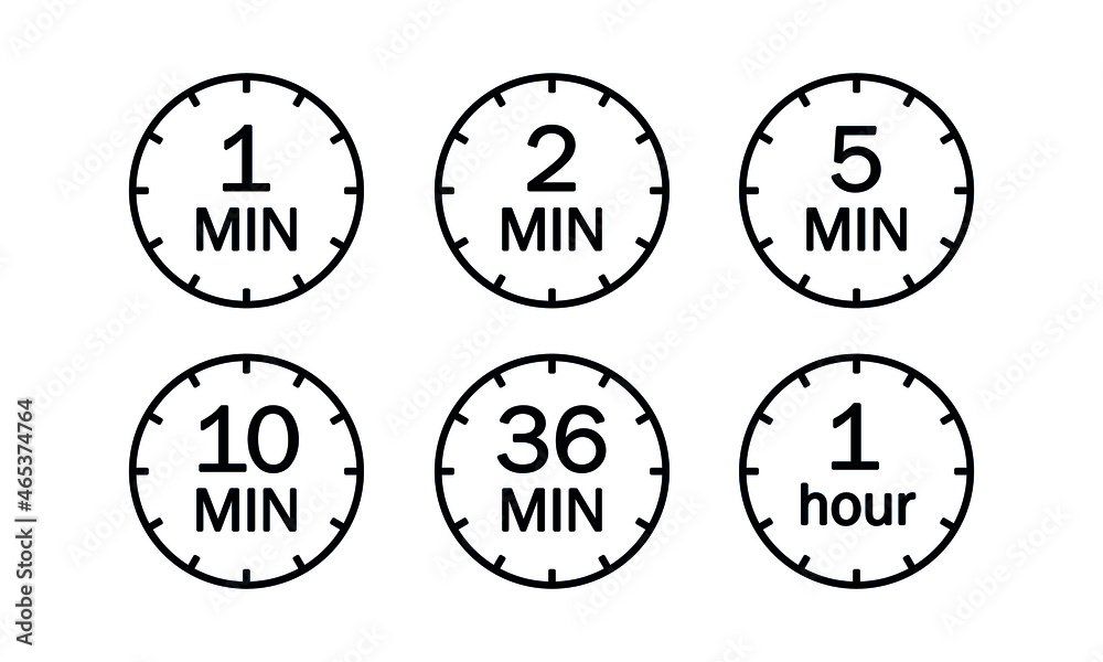 Minute timer icons set. Symbol for 1 minute, 2, 5, 10, 36 minutes and 1  hour. The arrow indicates the limited cooking time or deadline for an event  or task. Countdown vector illustration Stock Vector | Adobe Stock