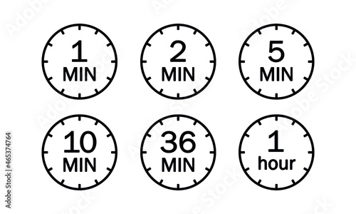 Minute timer icons set. Symbol for 1 minute, 2, 5, 10, 36 minutes and 1 hour. The arrow indicates the limited cooking time or deadline for an event or task. Countdown vector illustration