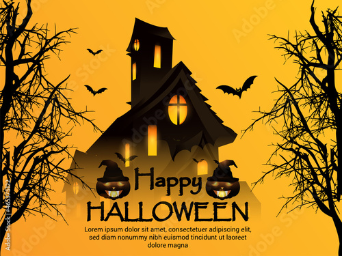 Fotografie, Tablou Happy halloween party greeting card with hounted house and bats