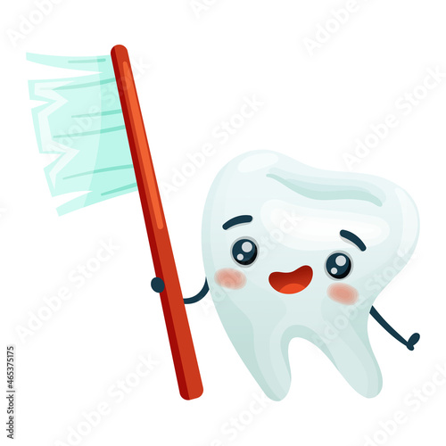 Cute happy tooth character with toothbrush. Oral care, mouth hygiene, teeth restoration concept cartoon vector illustration